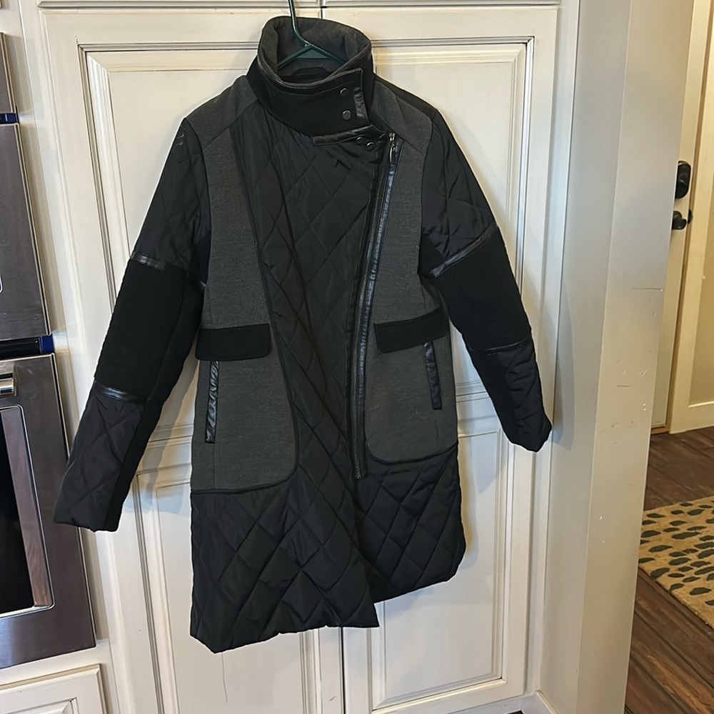 Women’s down jacket pea coat with leather trim